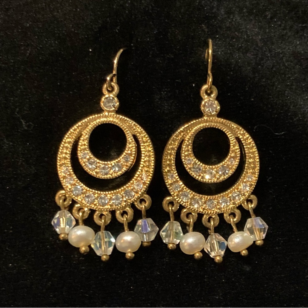 Museum Collection Nickel Free Gold-tone CZ round dangle earrings